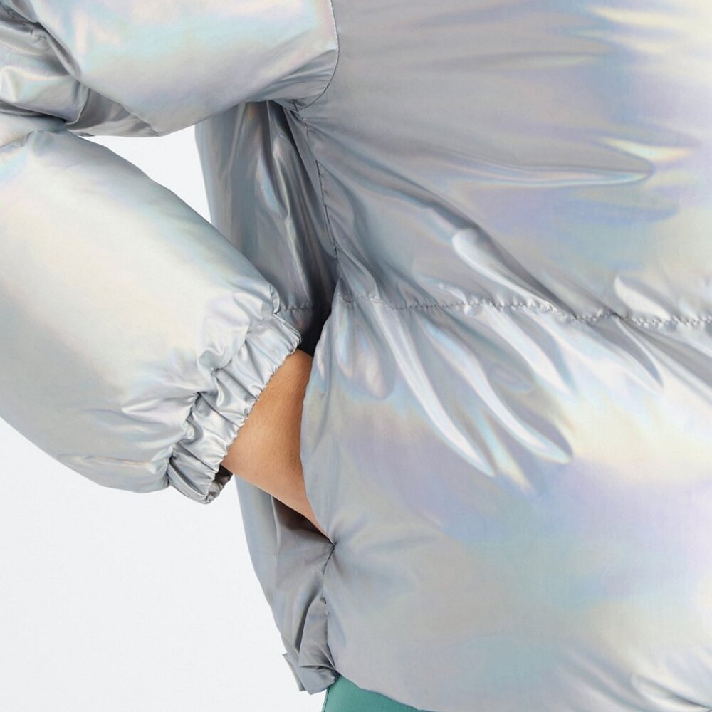 Fabletics Wander Silver Holographic Cropped Puffer Coat - Size Large